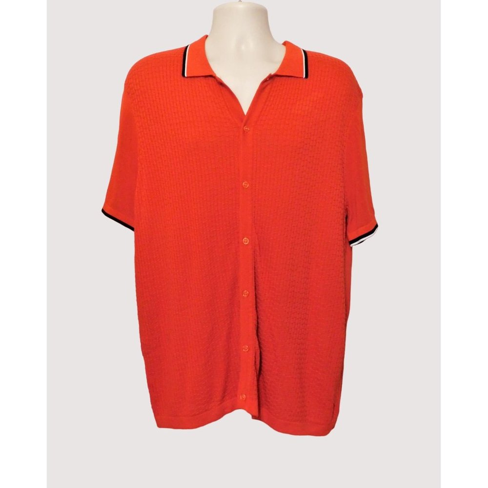 P J Paul Jones Sweater Shirt XL Orange Retro Style Textured Knit Short Sleeve
